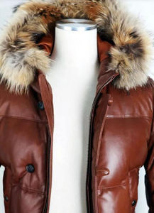 Blouson aviateur en cuir marron pour homme avec capuche en fourrure de renard, fermeture éclair, coupe-vent, vêtement d'hiver, coupe ajustée, manches classiques - Product Image 6