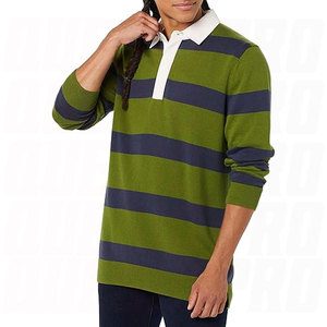 Polo de punto a rayas de manga larga para hombre, 100% algodón de alta calidad, verde marino, estilo rugby informal. - Product Image 3