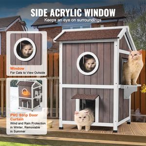 Grande maison pour chat en bois à 2 étages pour l'extérieur avec portes en PVC résistantes aux intempéries, abri pour chats errants pour plusieurs chats, mobilier pour animaux de compagnie - Product Image 5