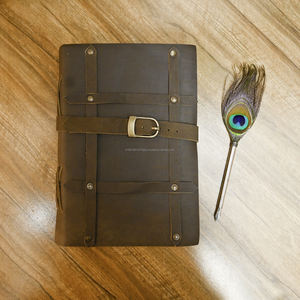 Custom Logo Printed Embossed Genuine Leather Journal Notebook Hardcover with Deckle Edge Paper Strap <b>Lock</b> Thread Sewing Binding - Product Image 1