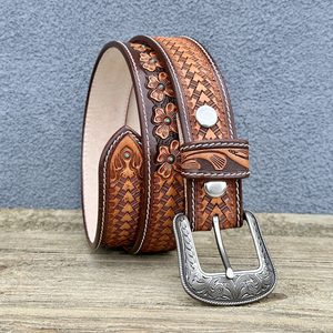 Cinturón de Cuero Occidental para Hombre, Tallado a Mano con Diseño Floral, Hebilla de Metal, Cuero de Vaca de Grano Completo, Resistente y Duradero, Superventas - Product Image 5