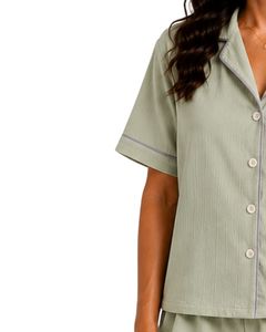Sage <b>Green</b> Women Pajama Set Short Sleeve Cotton Poplin Loungewear Embroidered Summer Sleepwear Button Up Shorts Set Comfortable - Product Image 3
