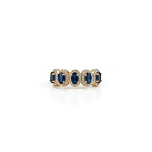Nueva Colección Exclusiva, Anillo de Media Eternidad con Cinco Piedras de Zafiro Azul y Diamantes en Oro Amarillo K14, el Más Vendido, para Boda - Product Image 1