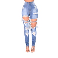 Celana Panjang Wanita Model Kasual Kancing Solid Ukuran Besar Warna Biru Denim Belah Model Skinny Pinggang Tinggi Bahan Bernapas Distressed
