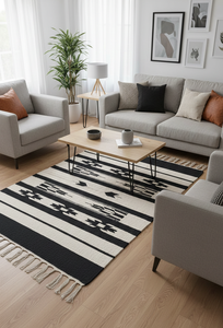 Tapis de couloir rectangulaire en coton tissé à la main, motif floral moderne, lavable en machine, réversible, noir, pour salle à manger, camping, maison - Product Image 3