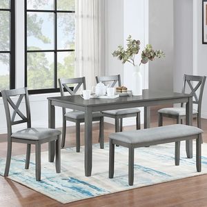 Set da Pranzo 6 Pezzi: Tavolo Rettangolare in Legno con 4 Sedie Imbottite e Panca per 6 Persone, Elegante Set per Sala da Pranzo - Product Image 1