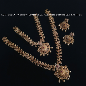 South Indian Bridal Fine Jewelry Combo Set-Gold Plated Zircon & Pearl Designer Necklace and Earring Set for Wedding - Product Image 3