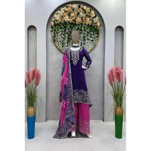 TOP DE TRABAJO CON ESTAMPADO DE SECUENCIA DE HILO FANCY GEORGETTE PALAZZO CON DUPATTA MORADO - Product Image 1