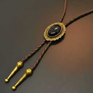 Black Heritage Bolo Tie 1.5 Inch Stainless Steel Pendant with Adjustable Brown Leather Rope for Men & Boys - Product Image 2
