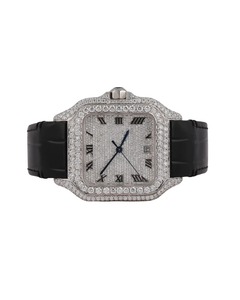 Reloj de Lujo con Diamantes Moissanite en Oro Blanco, Corte Redondo, Esfera Romana VVS, Personalizado, Estilo Hip Hop, con Correa de Cuero - Product Image 1