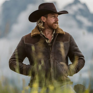 Men Beige Shearling Collar <b>Leather</b> Jacket Winter Warm Snap Button Genuine <b>Leather</b> Workwear <b>Coat</b> OEM Wholesale - Product Image 4