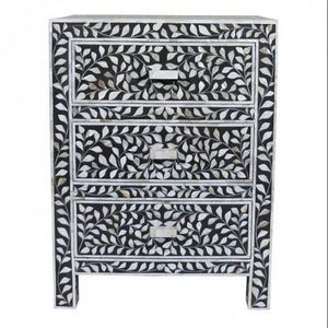 Mesita de Noche Artesanal con Cajón Lateral y Mosaico de Hueso Distintivo, Mueble Decorativo Elegante para Dormitorio y Sala de Estar - Product Image 1