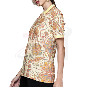 Camiseta polo al por mayor personalizada para mujer, con estampado floral, manga corta, informal, de tela tejida, con cuello amarillo, para camisetas de mujer - Product Image 4