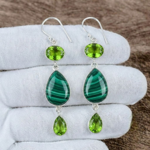 Boucles d'oreilles pendantes en argent sterling 925 massif, serties de malachite et de péridot, faites à la main, style bohème, pour femme - Product Image 2