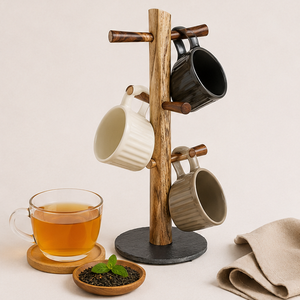 Modern Wood Mug Holder Tree With <b>Weighted</b> Marble Base 6-Hook Solid Wood Coffee Cup Rack <b>Stand</b> For Kitchen Countertop Storage - Product Image 4