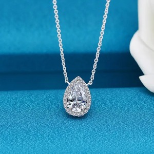 Nuevo Diseño, Collar Elegante con Halo de Moissanita de 3.0 Quilates, Corte Pera, Plata de Ley 925, Chapado en Oro Blanco de 18K, 400mm (+50mm) - Product Image 4