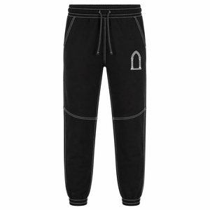 Hip Hop Streetwear Men Baggy Black Sweatpants <b>White</b> Contrast Stitch Panel <b>Joggers</b> with Drawstring - Product Image 1
