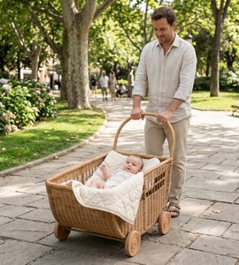 Panier de style poussette en rotin naturel tressé à la main avec roulettes pour bébé, rangement décoratif, rangement pour chambre d'enfant - Product Image 5