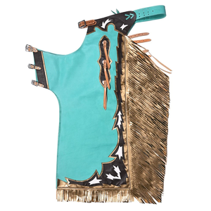 Chaps de rodeo occidentales para hombre, de cuero genuino, con flecos turquesa y dorados, cierre de hebilla, accesorio ecuestre. - Product Image 2