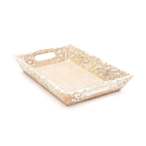 Mango Wood Andal Serving Tray with Handcard Design Whitewash Finished <b>Rustic</b> <b>Coffee</b> <b>Table</b> Kitchen - Product Image 1