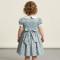 Robe d'été plissée trapèze pour filles, 100 % coton, faite main, motif floral bleu, col Peter Pan, manches bouffantes, longueur genou