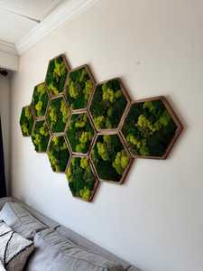 Arte de Pared Hexagonal de Madera Hecho a Mano con Musgo, Marco Marrón Oscuro, Follaje Verde, Decoración Moderna para el Hogar, Diseño Geométrico - Product Image 6