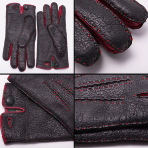 Gants d'hiver noirs en cuir véritable pour femmes, texture granulée, gants d'hiver à doigts entiers avec doublure en tricot et coutures rouges et bouton-pression - Product Image 6