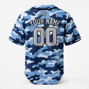 Maillot de baseball personnalisé camouflage bleu, sublimation intégrale, chemise de sport boutonnée pour homme, respirant, style hip-hop streetwear, uniforme d'équipe - Product Image 2