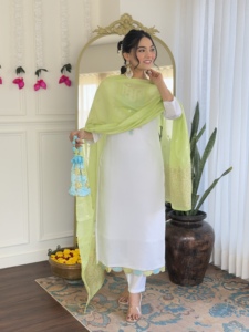 Latest Women's White Color Viscose Chanderi <b>Kurti</b> with Viscose Chanderi Pant Jacquard Silk With Dupatta Sets - Product Image 5
