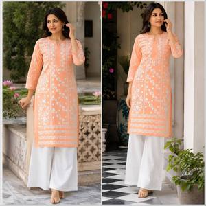 Conjunto de Kurta y Kurti de Algodón para Mujer, Pantalones Palazzo Blancos Casuales de Estilo Indio y Pakistaní, Largos hasta el Tobillo, Holgados, Tradicionales, con Top Bordado en Color Durazno - Product Image 4