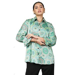 Camisa para mujer – Verde, con estampado geométrico elegante, corte relajado, camisa informal con botones - Product Image 3