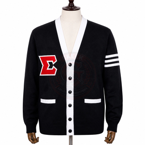 Cardigan Sorority Fraternity Delta Sigma noir à col en V, manches longues, en acrylique tricoté, avec logo en lettres grecques rouges et rayures blanches - Product Image 1
