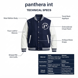 Chaqueta Varsity Azul Marino para Hombre, Mezcla de Lana, Cierre Frontal Asimétrico con Broches y Apliques de Chenilla - Product Image 5