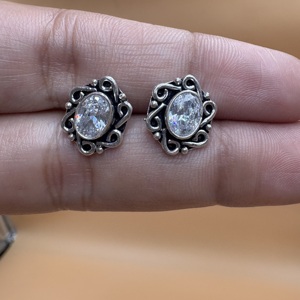 Handmade 925 Sterling <b>Silver</b> Oval Cubic Zirconia <b>Stud</b> Earrings Vintage Beaded Style Fine Jewelry Wholesale - Product Image 3