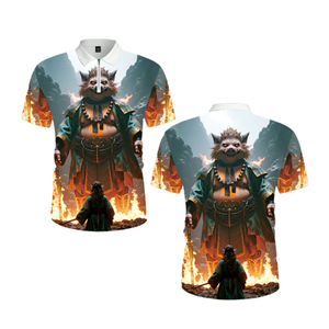 Polo pour homme avec motif de guerrier mythique en 3D |   T-shirt à col zippé fantaisie avec sublimation de personnage |   Haut streetwear Flaming Armor - Product Image 2