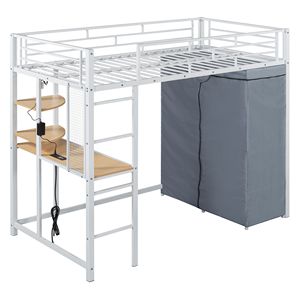 Letto a Soppalco in Metallo Bianco per Letto Singolo con Scrivania, Mensole, Presa di Corrente, Luce LED e Armadio - Product Image 3