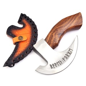 Hache à pizza Viking en acier forgé à haute teneur en carbone de qualité industrielle, manche en bois de rose gravé, couteau à pizza en cuir – Vente chaude - Product Image 1