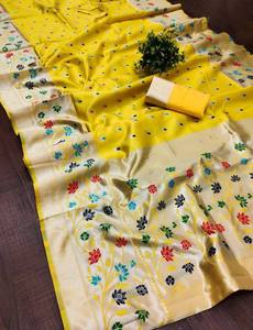 Sari de Seda Amarillo con Bordado Floral, Traje Tradicional Indio para Bodas, para Mujer, Largo hasta el Suelo, Corte Regular - Product Image 4