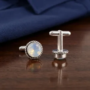 Ensemble de boutons de manchette élégants et tendance 2026 en opale blanche laiteuse, bijoux en argent sterling 925 plaqué pour usage unisexe - Product Image 3