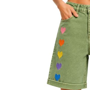 Short en jean décontracté pour femme, taille haute, coupe ample, ourlet retroussé, en coton, brodé cœur arc-en-ciel vert olive personnalisé, idéal pour l'été - Product Image 3