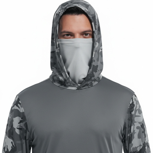 <b>Men's</b> Gray Camouflage Long Sleeve Hooded Pullover Shirt with <b>Face</b> <b>Mask</b> Quick Dry Fishing Top - Product Image 3