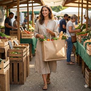 Sac fourre-tout classique en jute uni avec fermeture éclair supérieure, biodégradable, réutilisable, sac de marché écologique avec poignées rembourrées robustes pour l'épicerie et la vente au détail - Product Image 2