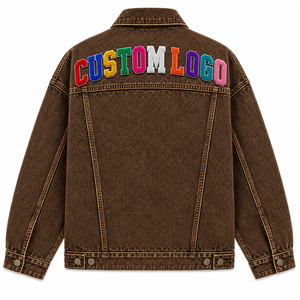 Men's Brown Denim <b>Jacket</b> Custom Embroidered Logo Front Turn-down Collar Casual Autumn Style Regular Fit Button Closure - Product Image 2