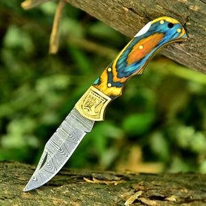 มีดพับทำมือ Damascus Custom OEM พร้อมด้ามสลักลาย มีดพกพาพร้อมปลอกหนัง - Product Image 4