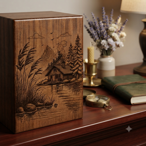 Urna de Madera Conmemorativa, Caja para Guardar Cenizas, Diseño de Bosque de Pinos y Lago, para Recuerdo - Product Image 5
