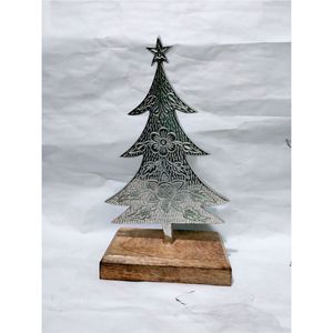 Handmade Metal Floral Embossed Christmas Tree Sculpture with Wooden Base Wholesale Decorative Holiday Home Tabletop Accent - Product Image 1