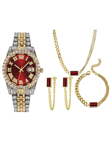 NW1395 Relojes de Diamantes para Mujer, Relojes de Pulsera Creativos de Acero con Diamantes, Relojes de Cuarzo, Pulseras, Collar y Pendientes, 4 Piezas - Product Image 2
