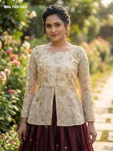 Best Quality Fancy <b>Silk</b> with Pipe-Zari Embroidered Butti & Border work Lehenga & White Front-Slit Short <b>Kurta</b> Set Woman Fashion - Product Image 4