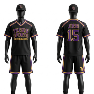 Uniforme de Animadoras Premium de Poliéster Interlock de 180 GSM, Negro, Morado y Dorado, con Logotipo Personalizado por Sublimación - Product Image 1