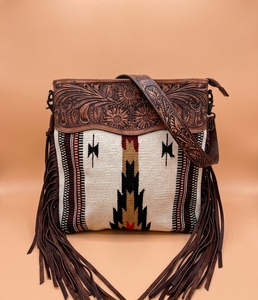 Hand Tooled Fringe Bohemian Saddle Bag Aztec Pattern Leather Trim Zipper Crossbody Shoulder <b>Handbag</b> for Women Travel Portable - Product Image 1